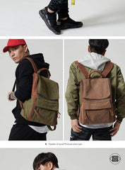 Fashion Canvas Leather Mens Large Army Green Backpack School Backpack Canvas Travel Backpack For Men - iwalletsmen