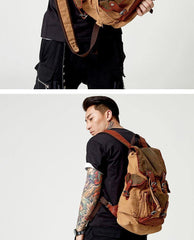 Khaki Canvas Leather Mens Large Backpack School Backpack Canvas Travel Backpack For Men - iwalletsmen