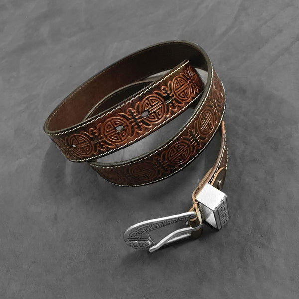 Vintage Chinese Coffee Leather Metal Belt Motorcycle Belt Black Leather Round Belt For Men - iwalletsmen