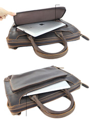 Vintage Black Mens Leather Briefcases Work Handbag Black 14'' Computer Briefcases For Men - iwalletsmen