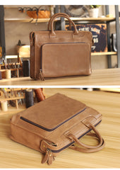 Vintage Black Mens Leather Briefcases Work Handbag Black 14'' Computer Briefcases For Men - iwalletsmen