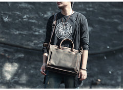 Vintage Black Mens Leather Briefcases Work Handbag Black 14'' Computer Briefcases For Men - iwalletsmen