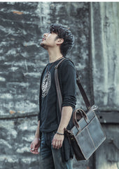 Vintage Black Mens Leather Briefcases Work Handbag Black 14'' Computer Briefcases For Men - iwalletsmen