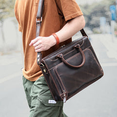 Vintage Black Mens Leather Briefcases Work Handbag Black 14'' Computer Briefcases For Men - iwalletsmen