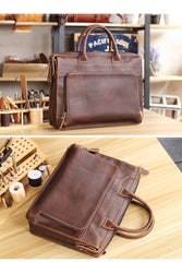Vintage Black Mens Leather Briefcases Work Handbag Black 14'' Computer Briefcases For Men - iwalletsmen