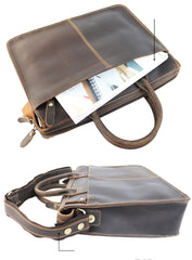 Vintage Black Mens Leather Briefcases Work Handbag Black 14'' Computer Briefcases For Men - iwalletsmen