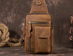 Brown Leather One Shoulder Backpack Chest Bag Sling Bag Sling  Crossbody Bag For Men - iwalletsmen