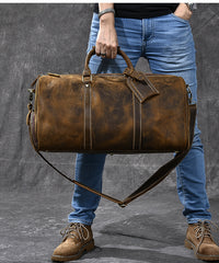 Retro Brown Leather Men's Business Overnight Bag Large Travel Bag Coffee Duffel Bag Weekender Bag For Men - iwalletsmen
