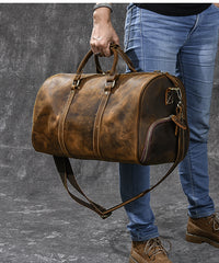 Retro Brown Leather Men's Business Overnight Bag Large Travel Bag Coffee Duffel Bag Weekender Bag For Men - iwalletsmen