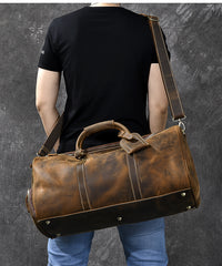 Retro Brown Leather Men's Business Overnight Bag Large Travel Bag Coffee Duffel Bag Weekender Bag For Men - iwalletsmen