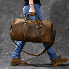 Retro Brown Leather Men's Business Overnight Bag Large Travel Bag Coffee Duffel Bag Weekender Bag For Men - iwalletsmen
