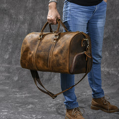Retro Brown Leather Men's Business Overnight Bag Large Travel Bag Coffee Duffel Bag Weekender Bag For Men - iwalletsmen