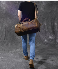 Retro Brown Leather Men's Business Overnight Bag Large Travel Bag Coffee Duffel Bag Weekender Bag For Men - iwalletsmen
