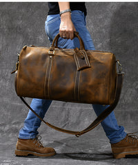 Retro Brown Leather Men's Business Overnight Bag Large Travel Bag Coffee Duffel Bag Weekender Bag For Men - iwalletsmen