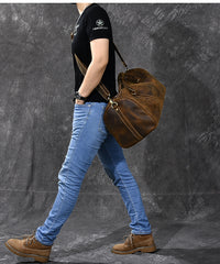 Retro Brown Leather Men's Business Overnight Bag Large Travel Bag Coffee Duffel Bag Weekender Bag For Men - iwalletsmen