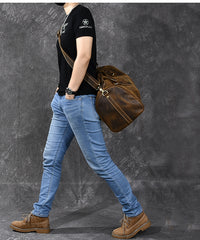 Retro Brown Leather Men's Business Overnight Bag Large Travel Bag Coffee Duffel Bag Weekender Bag For Men - iwalletsmen