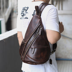 Brown Leather Men's Sling Bag Chest Bag Vintage One shoulder Backpack For Men - iwalletsmen