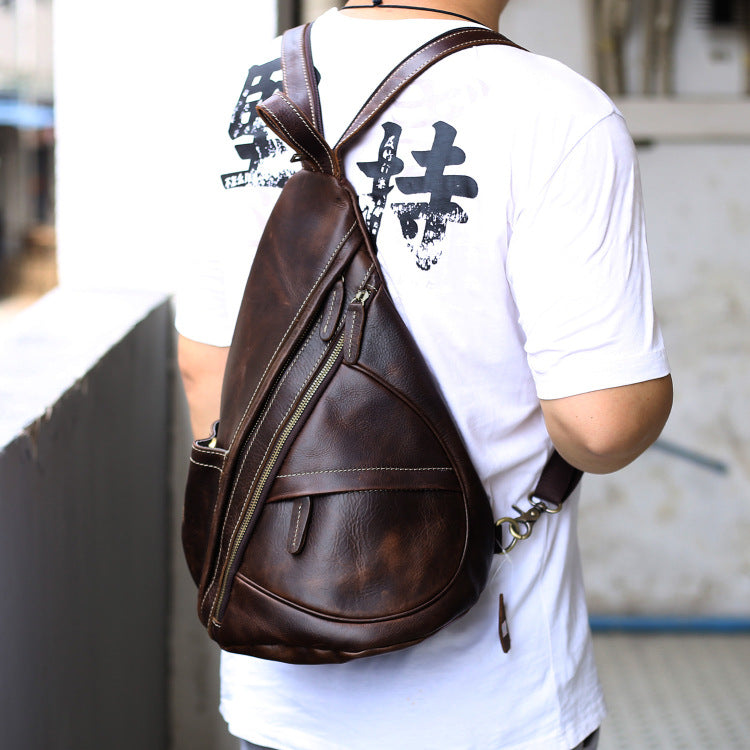 Brown Leather Men s Sling Bag Chest Bag Vintage One shoulder Backpack iwalletsmen