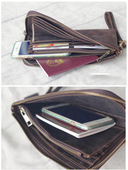 Vintage Dark Brown Leather Mens Phone Wallet Clutch Bag Wristlet Bag Zipper Long Wallet For Men - iwalletsmen