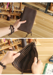 Vintage Dark Brown Leather Mens Phone Wallet Clutch Bag Wristlet Bag Zipper Long Wallet For Men - iwalletsmen