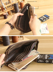 Vintage Dark Brown Leather Mens Phone Wallet Clutch Bag Wristlet Bag Zipper Long Wallet For Men - iwalletsmen
