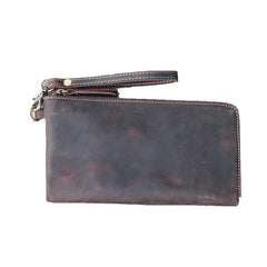 Vintage Dark Brown Leather Mens Phone Wallet Clutch Bag Wristlet Bag Zipper Long Wallet For Men - iwalletsmen