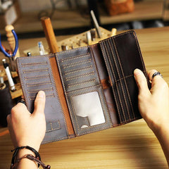Cool Dark Brown Leather Mens Trifold Long Wallet Multi-cards Long Wallet For Men - iwalletsmen