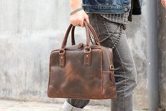 Cool Dark Brown Mens Leather Briefcase 14'' Work Handbag Ancient Brown Large Computer Briefcase For Men - iwalletsmen