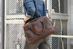 Cool Dark Brown Mens Leather Briefcase 14'' Work Handbag Ancient Brown Large Computer Briefcase For Men - iwalletsmen