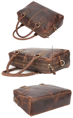 Cool Dark Brown Mens Leather Briefcase 14'' Work Handbag Ancient Brown Large Computer Briefcase For Men - iwalletsmen