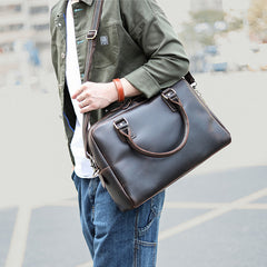 Cool Dark Brown Mens Leather Briefcase 14'' Work Handbag Ancient Brown Large Computer Briefcase For Men - iwalletsmen