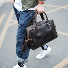 Cool Dark Brown Mens Leather Briefcase 14'' Work Handbag Ancient Brown Large Computer Briefcase For Men - iwalletsmen