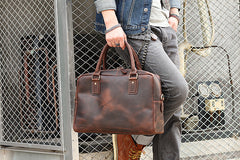 Cool Dark Brown Mens Leather Briefcase 14'' Work Handbag Ancient Brown Large Computer Briefcase For Men - iwalletsmen