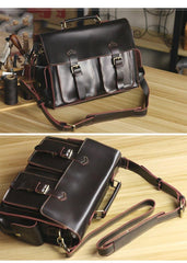 Vintage Dark Brown Leather Mens 14 inches Briefcase Work Shoulder Briefcase Handbags For Men - iwalletsmen