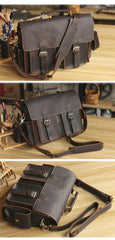 Vintage Dark Brown Leather Mens 14 inches Briefcase Work Shoulder Briefcase Handbags For Men - iwalletsmen