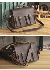 Vintage Dark Brown Leather Mens 14 inches Briefcase Work Shoulder Briefcase Handbags For Men - iwalletsmen