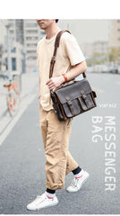 Vintage Dark Brown Leather Mens 14 inches Briefcase Work Shoulder Briefcase Handbags For Men - iwalletsmen