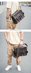 Vintage Dark Brown Leather Mens 14 inches Briefcase Work Shoulder Briefcase Handbags For Men - iwalletsmen