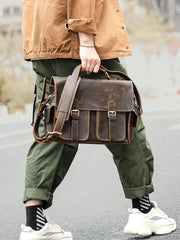 Vintage Dark Brown Leather Mens 14 inches Briefcase Work Shoulder Briefcase Handbags For Men - iwalletsmen