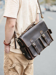 Vintage Dark Brown Leather Mens 14 inches Briefcase Work Shoulder Briefcase Handbags For Men - iwalletsmen