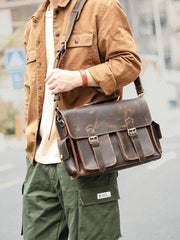Vintage Dark Brown Leather Mens 14 inches Briefcase Work Shoulder Briefcase Handbags For Men - iwalletsmen
