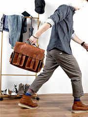 Vintage Dark Brown Leather Mens 14 inches Briefcase Work Shoulder Briefcase Handbags For Men - iwalletsmen