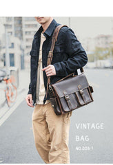 Vintage Dark Brown Leather Mens 14 inches Briefcase Work Shoulder Briefcase Handbags For Men - iwalletsmen