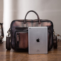 Vintage Brown Leather Men's Briefcase 14'' Computer Briefcase Professional Handbag For Men - iwalletsmen