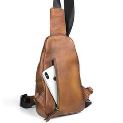 Handmade Brown Leather Mens Sling Bag One Shoulder Backpack Chest Bag for men - iwalletsmen