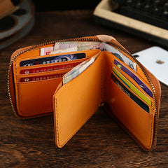 Retro Handmade Mens Zipper Black billfold Wallet Brown Bifold Card Wallet Small Wallet For Men - iwalletsmen