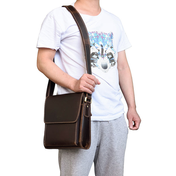 Vintage Brown  Leather Men's Small Side Bag Vertical Messenger Bag Tablet Bag For Men - iwalletsmen