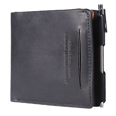 Leather Mens Black Small billfold Wallet Bifold Business Card Wallet For Men with Pen - iwalletsmen