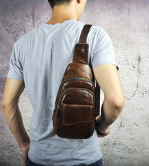 Fashion Black Leather Men's Sling Bag Chest Bag Brown One Shoulder Backpack For Men - iwalletsmen