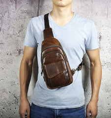 Fashion Black Leather Men's Sling Bag Chest Bag Brown One Shoulder Backpack For Men - iwalletsmen
